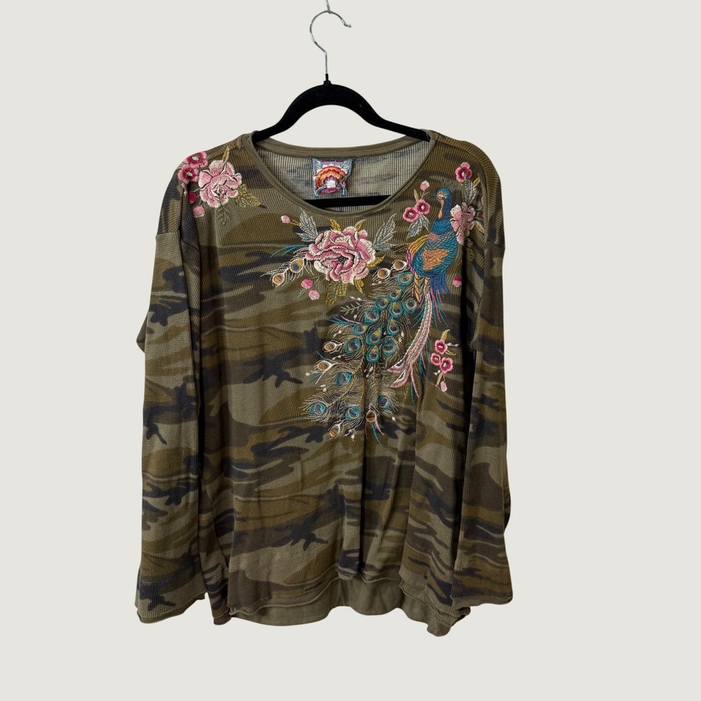 Johnny Was Camo Peacock Embroidery Waffle Knit Top XL Green Boho Fall Layering
